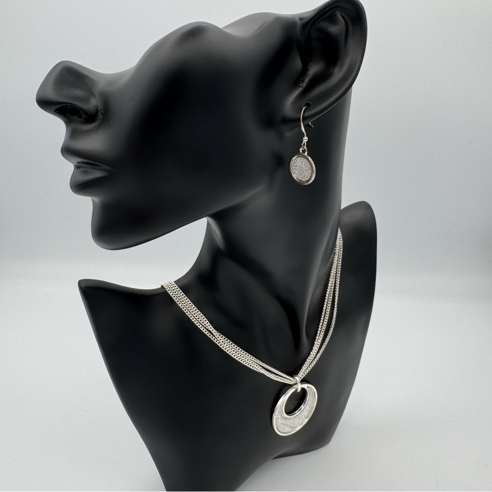 Silver Tone Half Moon Triple Strand Glitter Pendant Necklace and Earring Set